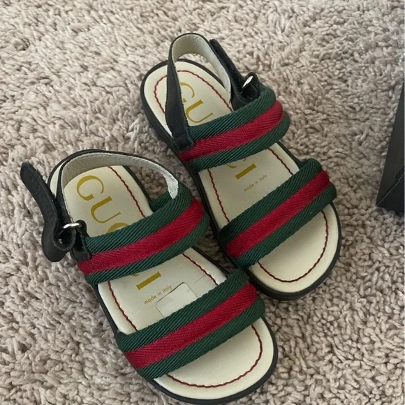 GUCCI kids Green/Red Vintage Web Nylon Open Toe Sandals Size 25/9C - Picture 5 of 12